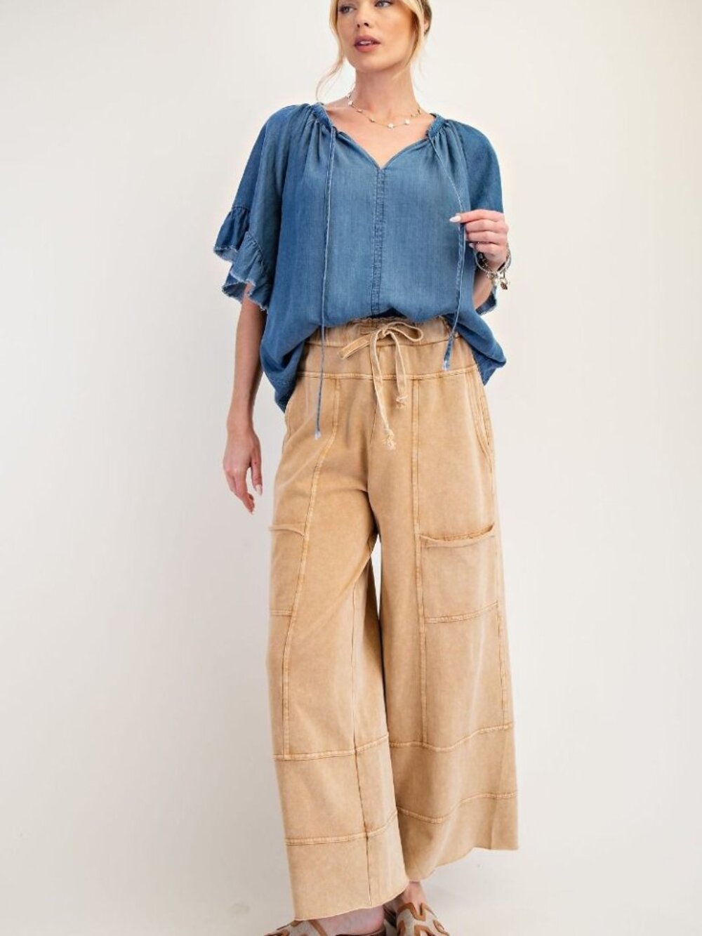 EASEL MINERAL WASHED TERRY KNIT PANTS 100% COTTON - Picture 2 of 4